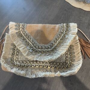 Boho Fringe Coin Embellished Crossbody/Clutch Bag - Cream